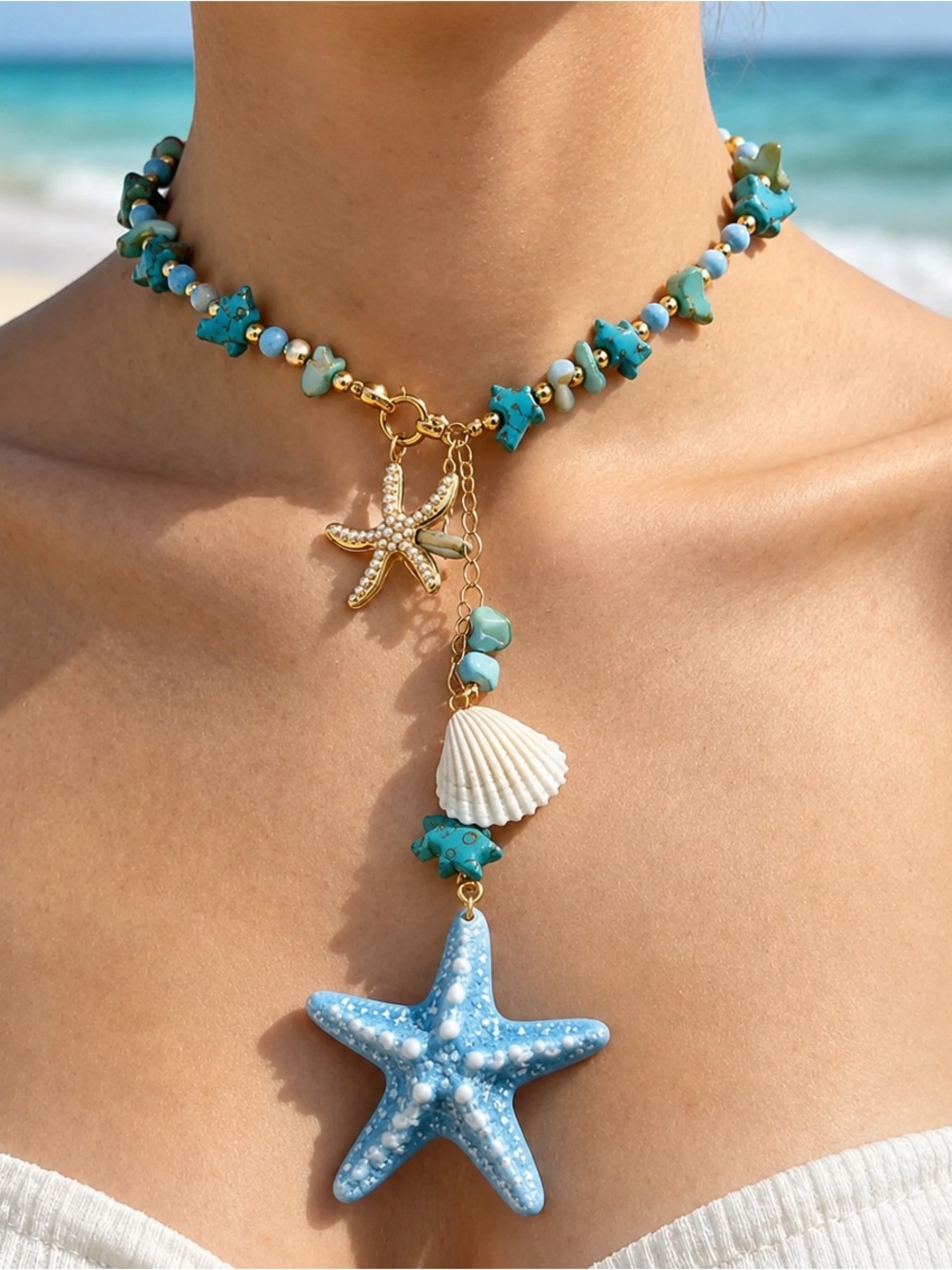 Ocean Starfish Statement Necklace – Blue Beaded Coastal Charm Necklace